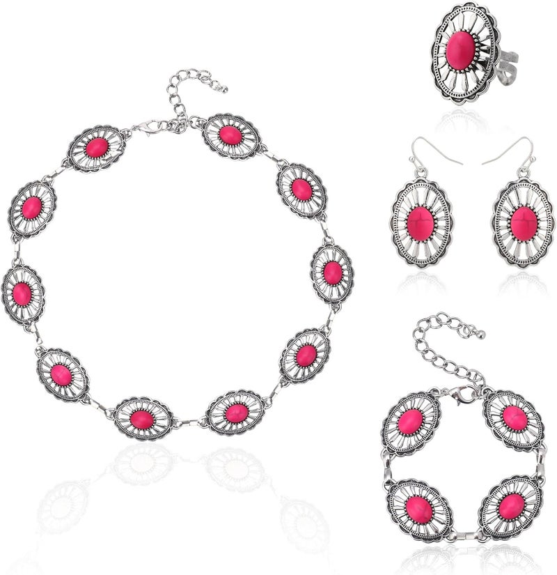 JMScape 4 PCS Western Turquoise Jewelry for Women Boho Vintage Navajo Pearl Necklace Earring Bracelet Ring Set Country Cowgirl Accessories for Gift - Image 1